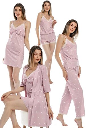 Ultra Soft 5 Li Pijama Takımı Gecelik Sabahlık Şort Takım Dantel Detaylı Benekli Pembe DİLVİN
