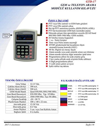 Electrosec GTD-17 Gsm/Telefon Arama Ünitesi