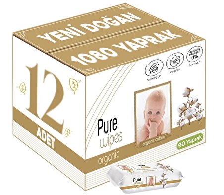 Pure Baby Islak Havlu Mendil 90 Yaprak Yenidoğan Organic Pamuklu (12 Li Set) 1080 Yaprak Plstk Kapak