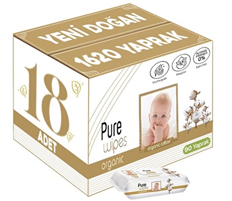 Pure Baby Islak Havlu Mendil 90 Yaprak Yenidoğan Organic Pamuklu (18 Li Set) 1620 Yaprak Plstk Kapak