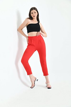 Belden Lastikli Kırmızı Bilek Kadın Pantolon