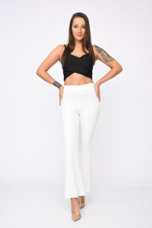 Belden Lastikli İspanyol Paça Beyaz Kadın Pantolon