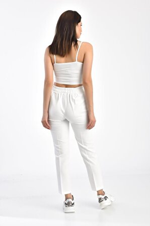 Belden Lastikli Beyaz Bilek Kadın Pantolon