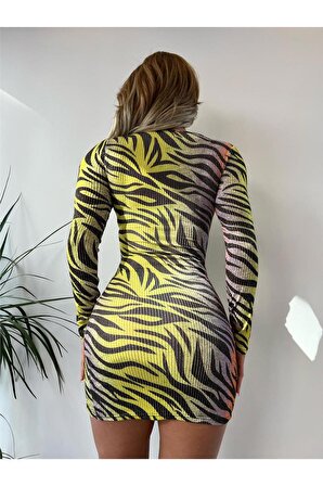 Zebra Desenli Kruvaze Yaka Mini Elbise
