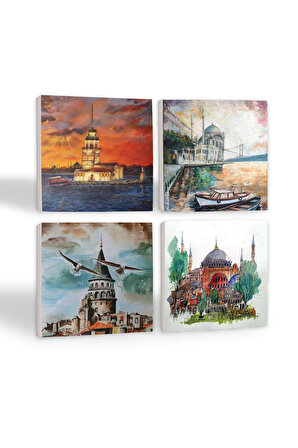 İstanbul Ayasofya, Galata Kulesi, Kız Kulesi, Ortaköy Taş Bardak Altlığı Masaüstü Koruyucu Altlık 4 Parça Set 10x10cm Stone Coasters