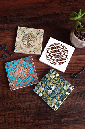 Yaşam Çiçeği, Hayat Ağacı Taş Bardak Altlığı Masaüstü Koruyucu Altlık 4 Parça Set 10x10cm Stone Coasters