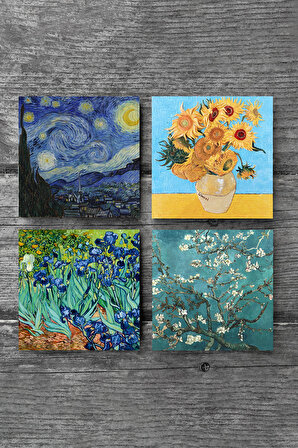 Van Gogh On İki Ayçiçekli Vazo, İrisler, Yıldızlı Gece, Badem Ağacı Taş Bardak Altlığı Masaüstü Koruyucu Altlık 4 Parça Set 10x10cm Stone Coasters