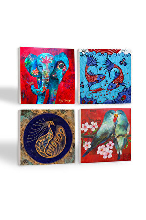 Fil, Kuş, Tavus Kuşu, Çini Sanatı Balık Taş Bardak Altlığı Masaüstü Koruyucu Altlık 4 Parça Set 10x10cm Stone Coasters