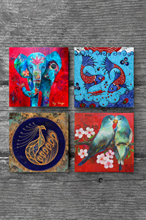 Fil, Kuş, Tavus Kuşu, Çini Sanatı Balık Taş Bardak Altlığı Masaüstü Koruyucu Altlık 4 Parça Set 10x10cm Stone Coasters