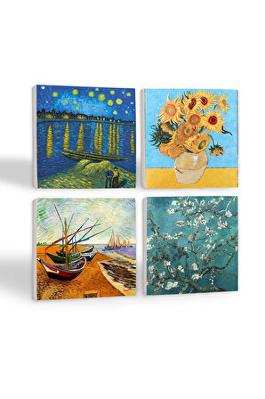Van Gogh Ren Nehri, Balıkçı Tekneleri, On İki Ayçiçekli Vazo, Badem Ağacı Taş Bardak Altlığı Masaüstü Koruyucu Altlık 4 Parça Set 10x10cm Stone Coasters