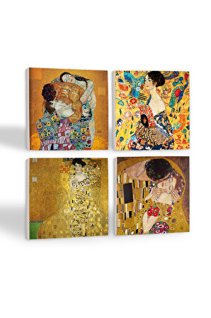 Gustav Klimt Yelpazeli Kadın, Bauer'in Portresi, Aile Kucaklama, Öpücük Taş Bardak Altlığı Masaüstü Koruyucu Altlık 4 Parça Set 10x10cm Stone Coasters
