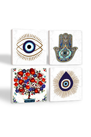 Nazar, Nar Ağacı, Fatma Ana Eli (Hamsa) Taş Bardak Altlığı Masaüstü Koruyucu Altlık 4 Parça Set 10x10cm Stone Coasters