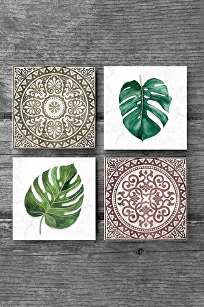 Etnik Desen, Yaprak Taş Bardak Altlığı Masaüstü Koruyucu Altlık 4 Parça Set 10x10cm Stone Coasters