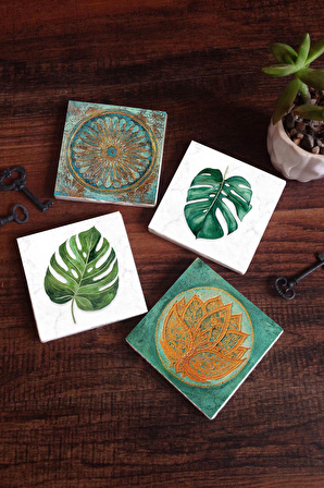 Yaprak, Lotus Çiçeği, Yaşam Çiçeği Taş Bardak Altlığı Masaüstü Koruyucu Altlık 4 Parça Set 10x10cm Stone Coasters