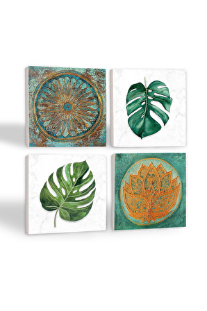 Yaprak, Lotus Çiçeği, Yaşam Çiçeği Taş Bardak Altlığı Masaüstü Koruyucu Altlık 4 Parça Set 10x10cm Stone Coasters