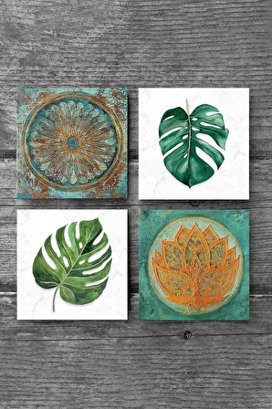 Yaprak, Lotus Çiçeği, Yaşam Çiçeği Taş Bardak Altlığı Masaüstü Koruyucu Altlık 4 Parça Set 10x10cm Stone Coasters