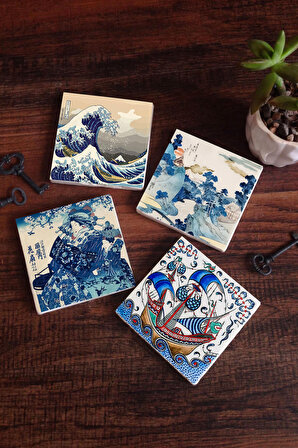 Japon Sanatı, Fuji Dağı, Büyük Dalga, Çini Sanatı Yelkenli Gemi Taş Bardak Altlığı Masaüstü Koruyucu Altlık 4 Parça Set 10x10cm Stone Coasters