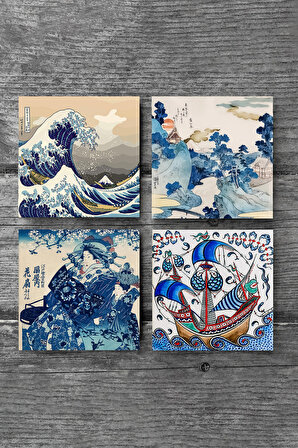 Japon Sanatı, Fuji Dağı, Büyük Dalga, Çini Sanatı Yelkenli Gemi Taş Bardak Altlığı Masaüstü Koruyucu Altlık 4 Parça Set 10x10cm Stone Coasters