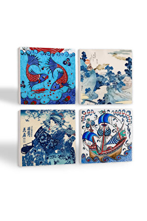 Japon Sanatı, Fuji Dağı, Çini Sanatı Balık, Yelkenli Gemi Taş Bardak Altlığı Masaüstü Koruyucu Altlık 4 Parça Set 10x10cm Stone Coasters