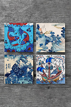 Japon Sanatı, Fuji Dağı, Çini Sanatı Balık, Yelkenli Gemi Taş Bardak Altlığı Masaüstü Koruyucu Altlık 4 Parça Set 10x10cm Stone Coasters