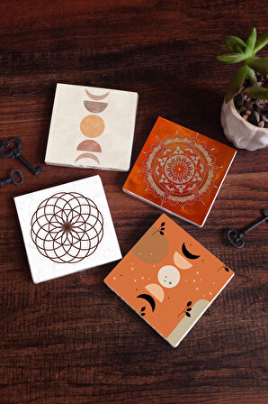 Bohem, Minimalist Soyut, Yaşam Çiçeği, Mandala Taş Bardak Altlığı Masaüstü Koruyucu Altlık 4 Parça Set 10x10cm Stone Coasters
