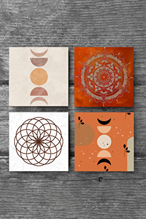 Bohem, Minimalist Soyut, Yaşam Çiçeği, Mandala Taş Bardak Altlığı Masaüstü Koruyucu Altlık 4 Parça Set 10x10cm Stone Coasters