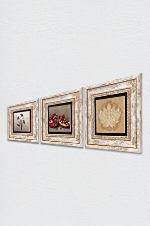 Ebru Sanatı, Lotus Çiçeği, Nar Taş Duvar Tablosu Çerçeveli Duvar Dekoru 3 Parça Tablo Seti Wall Art