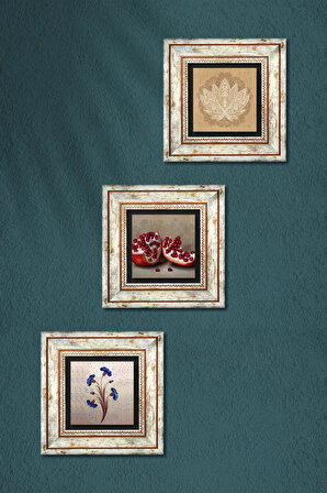 Ebru Sanatı, Lotus Çiçeği, Nar Taş Duvar Tablosu Çerçeveli Duvar Dekoru 3 Parça Tablo Seti Wall Art
