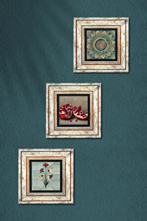 Ebru Sanatı, Mandala, Nar Taş Duvar Tablosu Çerçeveli Duvar Dekoru 3 Parça Tablo Seti Wall Art
