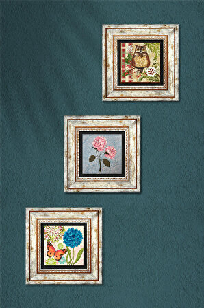 Kelebek, Pembe Ortanca Çiçeği, Baykuş Taş Duvar Tablosu Çerçeveli Duvar Dekoru 3 Parça Tablo Seti Wall Art