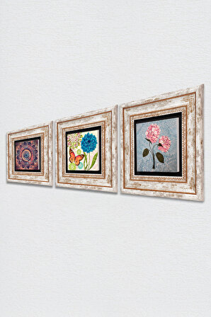 Mandala, Kelebek, Pembe Ortanca Çiçeği Taş Duvar Tablosu Çerçeveli Duvar Dekoru 3 Parça Tablo Seti Wall Art