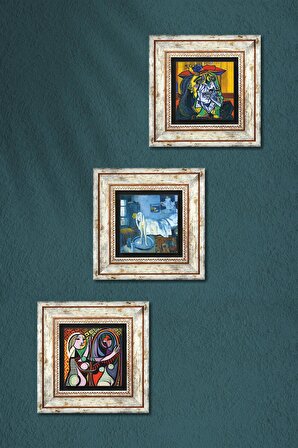 Picasso Ağlayan Kadın, Ayna Karşısındaki Kız, Mavi Oda Taş Duvar Tablosu Çerçeveli Duvar Dekoru 3 Parça Tablo Seti Wall Art