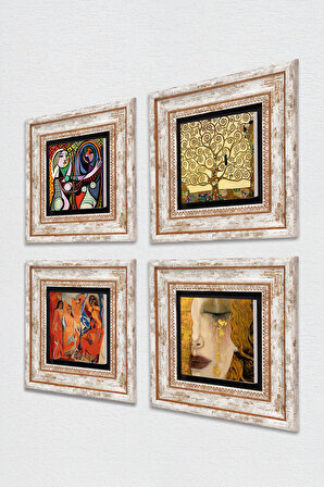 Picasso, Gustav Klimt Taş Duvar Tablosu Çerçeveli Duvar Dekoru 4 Parça Tablo Seti Wall Art