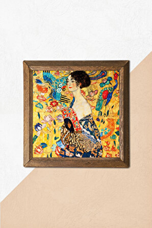 Gustav Klimt Yelpazeli Kadın Taş Duvar Tablosu Ahşap Çerçeveli Duvar Dekoru Wall Art 25x25cm