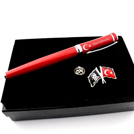 Ayyıldız ve Atatürk Temalı Metal Rozet ve İsme Kişiye Özel Roller Kalem Seti