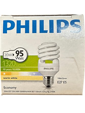 Philips Economy 20W (95W) 827 2700K (Sarı Işık) E27 Duylu Floresan Ampul (2 Adet)