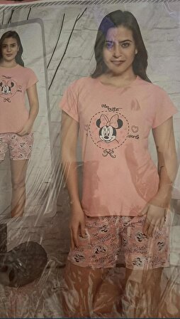 Black Style Butik Pijama Takımı Karakter Baskılı Pembe Kısa Kollu Yumoş Kumaş