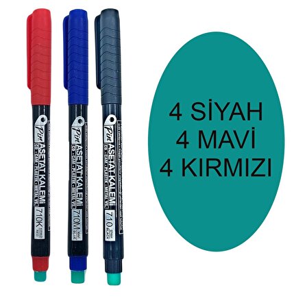 Pin 710M Asetat Kalemi M Uç 4 Siyah 4 Mavi 4 Kırmızı 12 Li Set