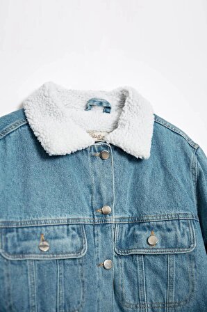 Kadın Mavi İçi Kürklü Relaxed Mont Kışlık Denim Boyfriend Ceket