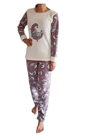 Ayı Desenli Polar Pijama Takımı Mor