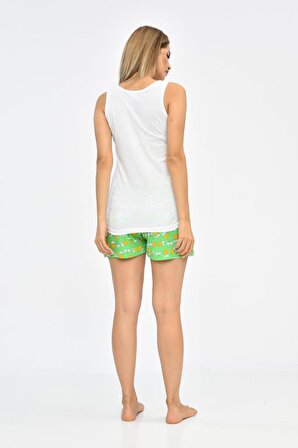 Baskılı Beyaz Atlet ve Yeşil Şortlu Kadın Pijama Takım