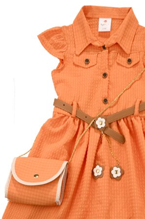 Çantalı Kemerli Kız Bebek Elbise Turuncu
