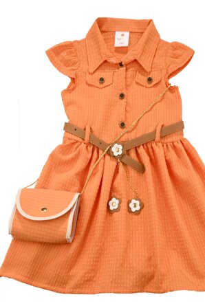 Çantalı Kemerli Kız Bebek Elbise Turuncu