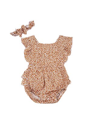 Çiçek Desenli Fırfırlı Çıtçıtlı Kız Bebek Slopet Elbise Kahverengi