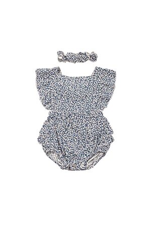 Çiçek Desenli Fırfırlı Çıtçıtlı Kız Bebek Slopet Elbise Lacivert