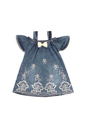 Fiyonklu İncili Kız Bebek Kot Elbise Mavi