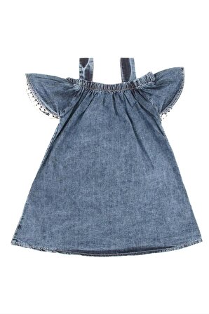Fiyonklu İncili Kız Bebek Kot Elbise Mavi