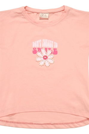 Boncuk İşlemeli Çiçekli Kız Bebek Tshirt Somon