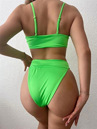 Neon Yeşil Tokalı İtalyan Kumaş  Bikini Takımı