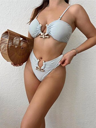 Açık Bej  Tokalı İtalyan Kumaş Bikini Takımı